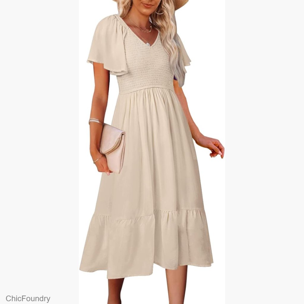 Summer V-Neck Ruffle Sleeve Smocked High Waist Midi Dress With Pockets